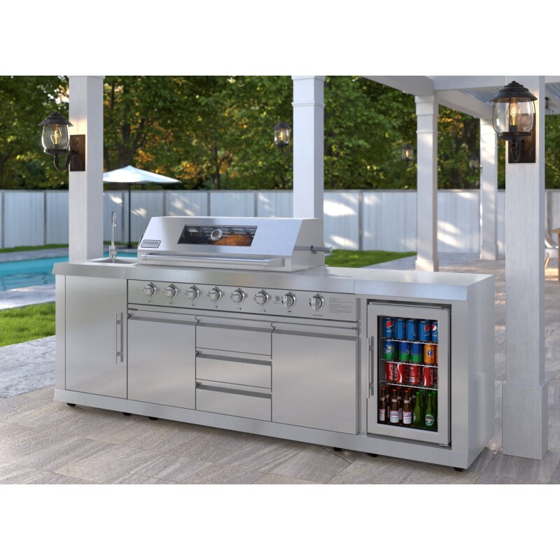 Reserve Outdoor Kitchen Island with 6 Burner Grill and Side Burner, Sink, Storage Cabinet and Beverage Refrigerator in Stainless-Steel KMOKSBQHUB