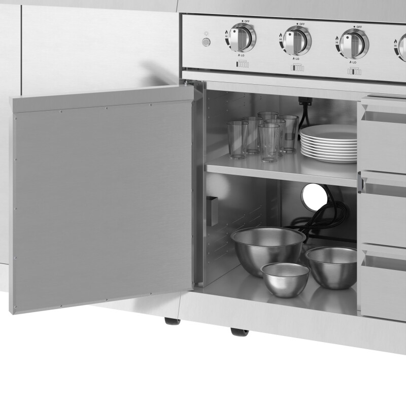 Reserve Outdoor Kitchen Island with 6 Burner Grill and Side Burner, Sink, Storage Cabinet and Beverage Refrigerator in Stainless-Steel KMOKSBQHUB