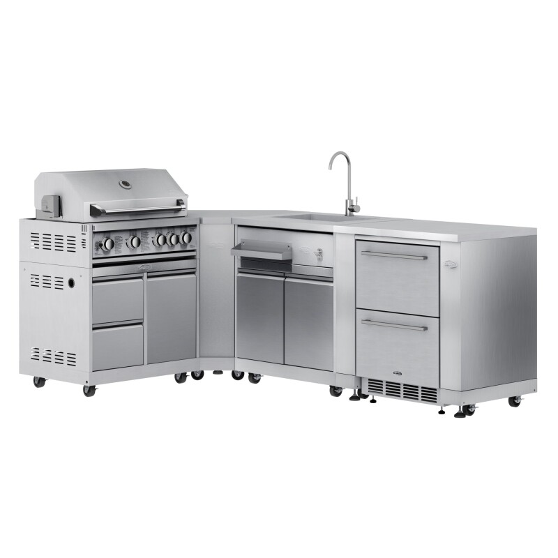 Outdoor Kitchen Series Modular Kitchen with a 30 in. BBQ Grill And Grill Cabinet, Corner Cabinet, Sink, Refrigerator and Cabinet in Stainless-Steel KMOKSKITCONFIG115