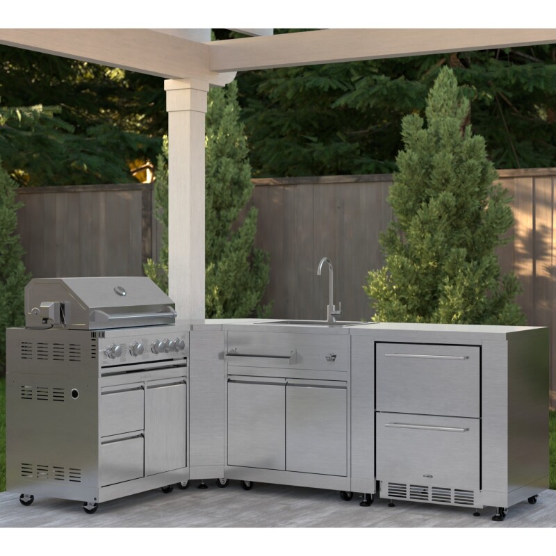 Outdoor Kitchen Series Modular Kitchen with a 30 in. BBQ Grill And Grill Cabinet, Corner Cabinet, Sink, Refrigerator and Cabinet in Stainless-Steel KMOKSKITCONFIG115