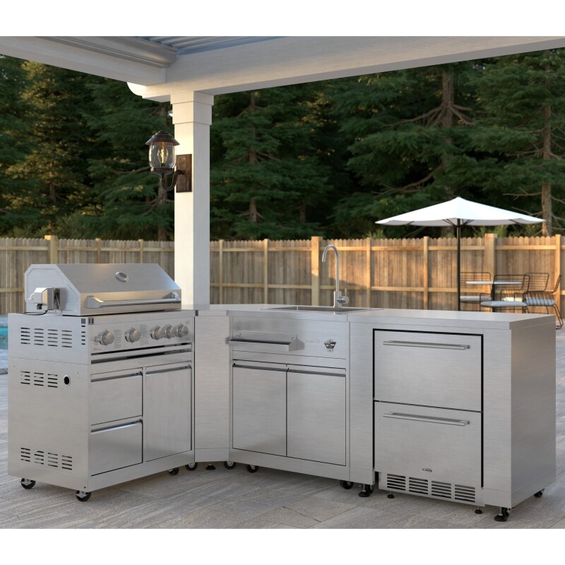 Outdoor Kitchen Series Modular Kitchen with a 30 in. BBQ Grill And Grill Cabinet, Corner Cabinet, Sink, Refrigerator and Cabinet in Stainless-Steel KMOKSKITCONFIG115