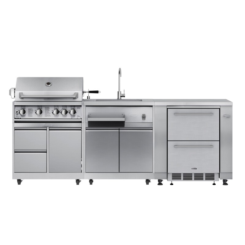 Outdoor Kitchen Series Modular Kitchen with a 30 in. BBQ Grill And Grill Cabinet, Sink, Refrigerator and Cabinet in Stainless-Steel KMOKSKITCONFIG116