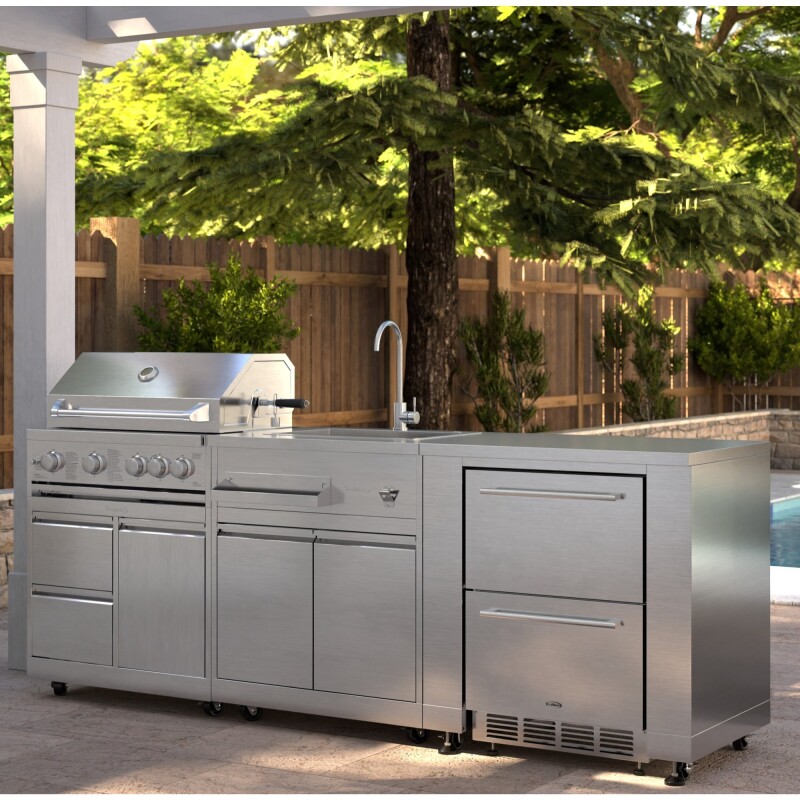 Outdoor Kitchen Series Modular Kitchen with a 30 in. BBQ Grill And Grill Cabinet, Sink, Refrigerator and Cabinet in Stainless-Steel KMOKSKITCONFIG116