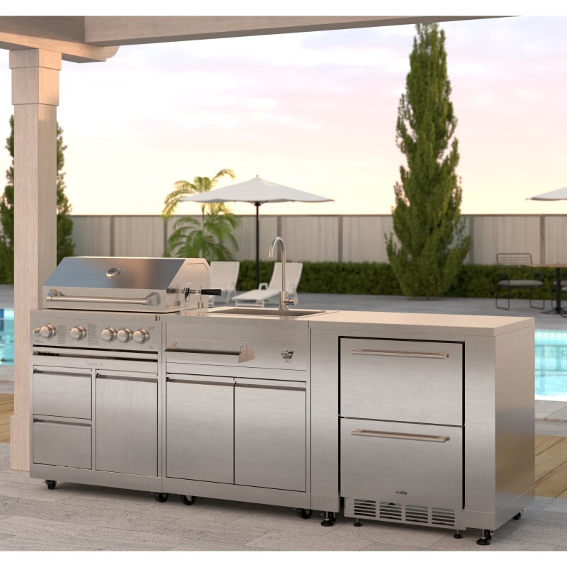 Outdoor Kitchen Series Modular Kitchen with a 30 in. BBQ Grill And Grill Cabinet, Sink, Refrigerator and Cabinet in Stainless-Steel KMOKSKITCONFIG116