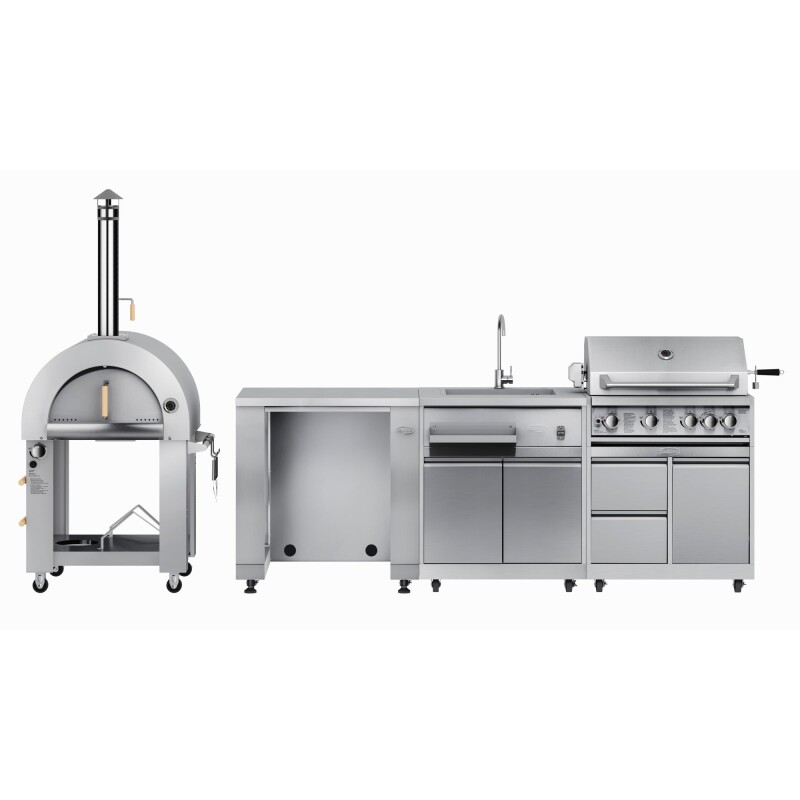 Outdoor Kitchen Series Modular Kitchen with a Dual Fuel Pizza Oven, Refrigerator and Cabinet, Sink, 30 in. BBQ Grill And Grill Cabinet in Stainless-Steel KMOKSKITCONFIG118