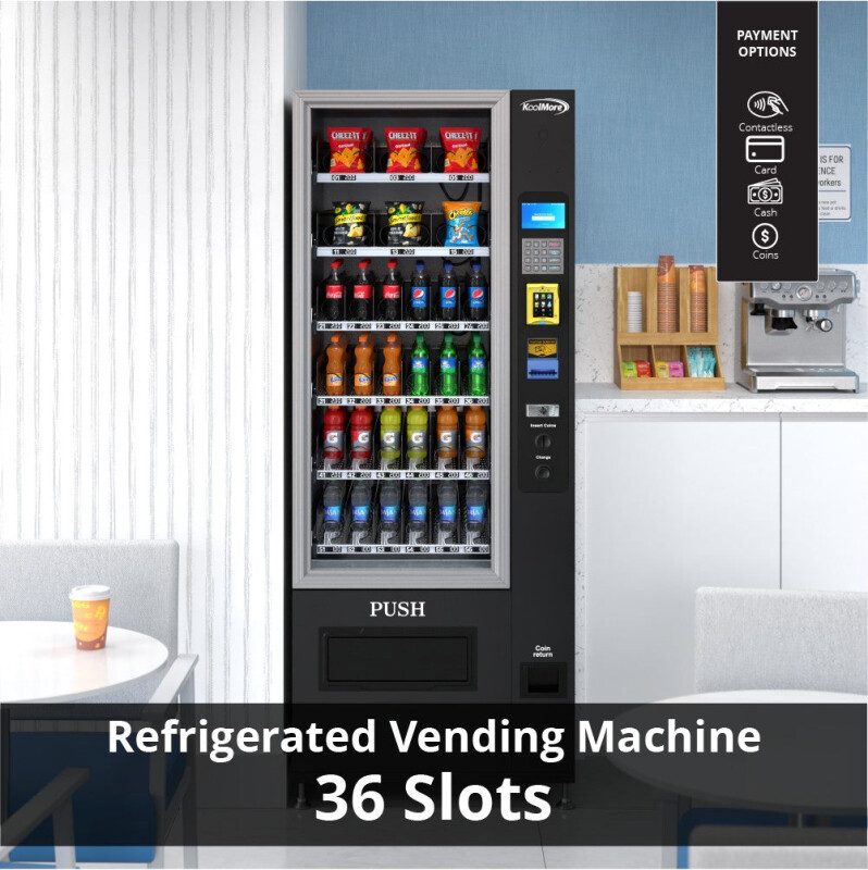 Refrigerated Snack and Drink Vending Machine with 36 Slots Featuring a Credit Card Reader and Coin/Bill Acceptor in Black KMVMR30BCR