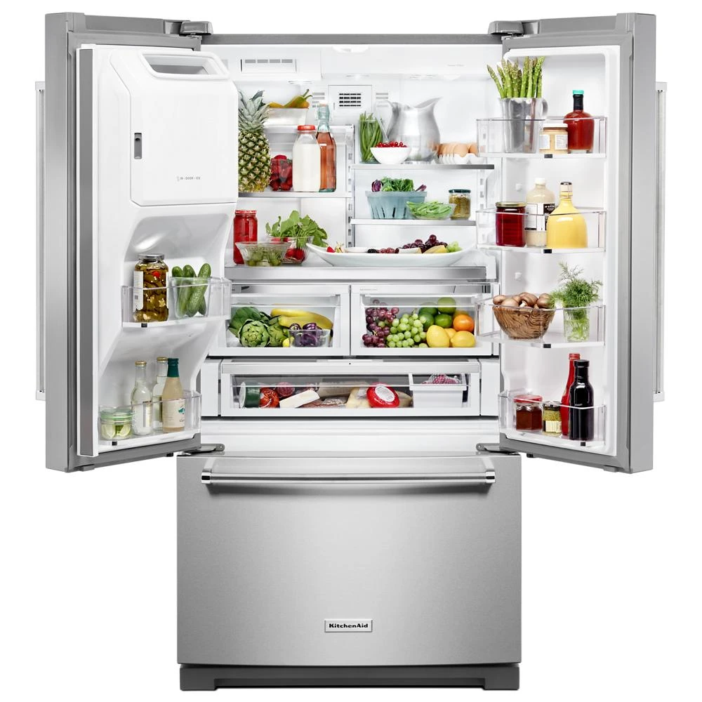 26.8 cu. ft. 36-Inch Width Standard Depth French Door Refrigerator with Exterior Ice and Water and PrintShield™ finish KRFF507HPS