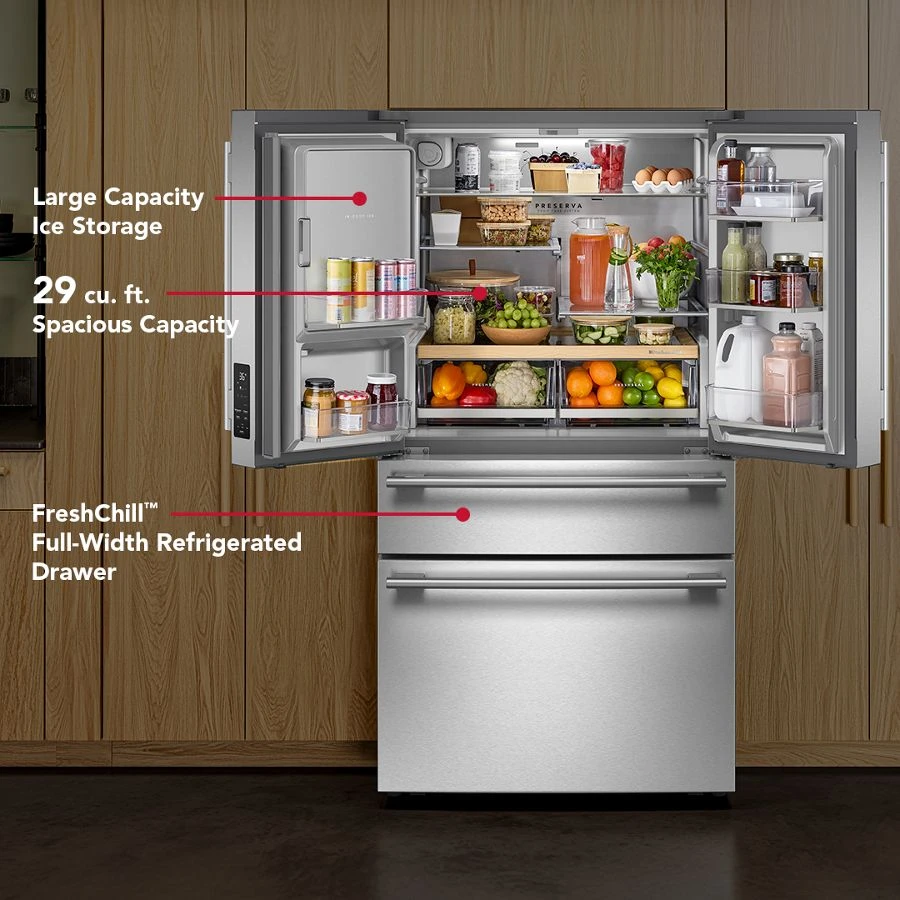 29 cu. ft. French Door Refrigerator with Exterior Water and Ice and FreshChill™ Full-Width Refrigerated Drawer KRMF436SJP