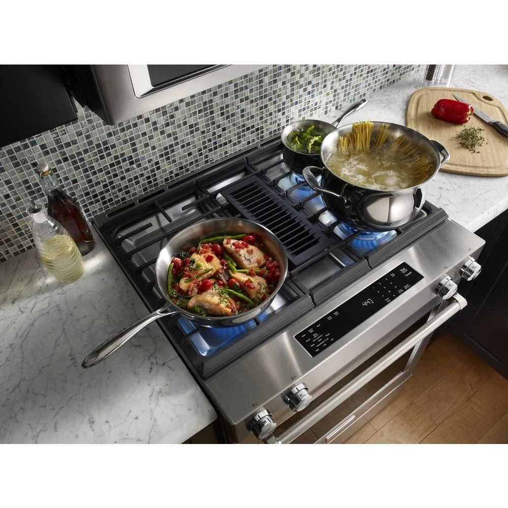 30" 4-Burner Dual Fuel Downdraft Slide-In Range KSDG950ESS