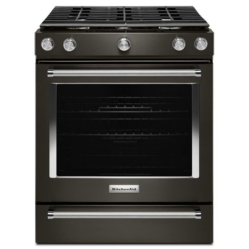 KitchenAid 30-Inch 5-Burner Gas Slide-In Convection Range Black Stainless Steel with PrintShield™ Finish KSGG700EBS Picture 1