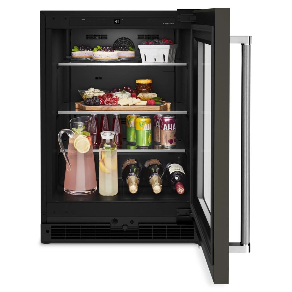 24" Undercounter Refrigerator with Glass Door and Shelves with Metallic Accents and PrintShield™ Finish KURR314KBS
