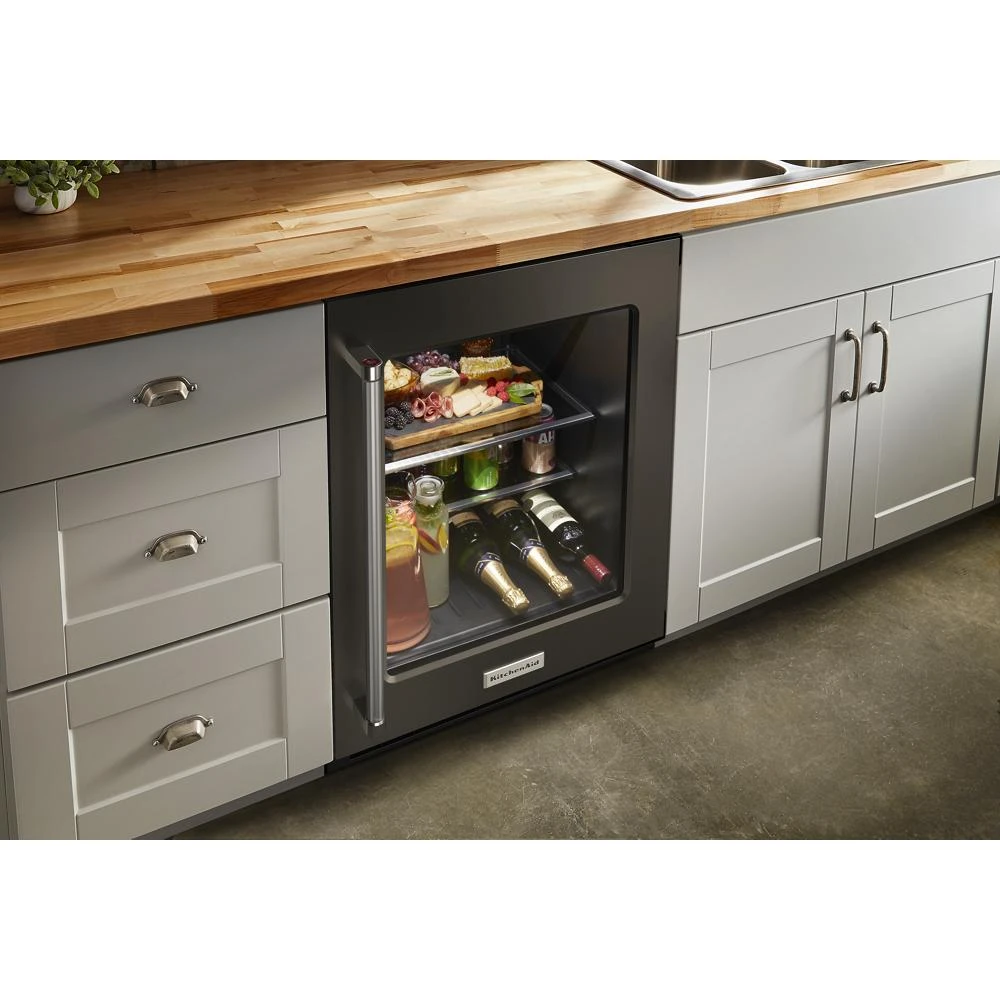 24" Undercounter Refrigerator with Glass Door and Shelves with Metallic Accents and PrintShield™ Finish KURR314KBS