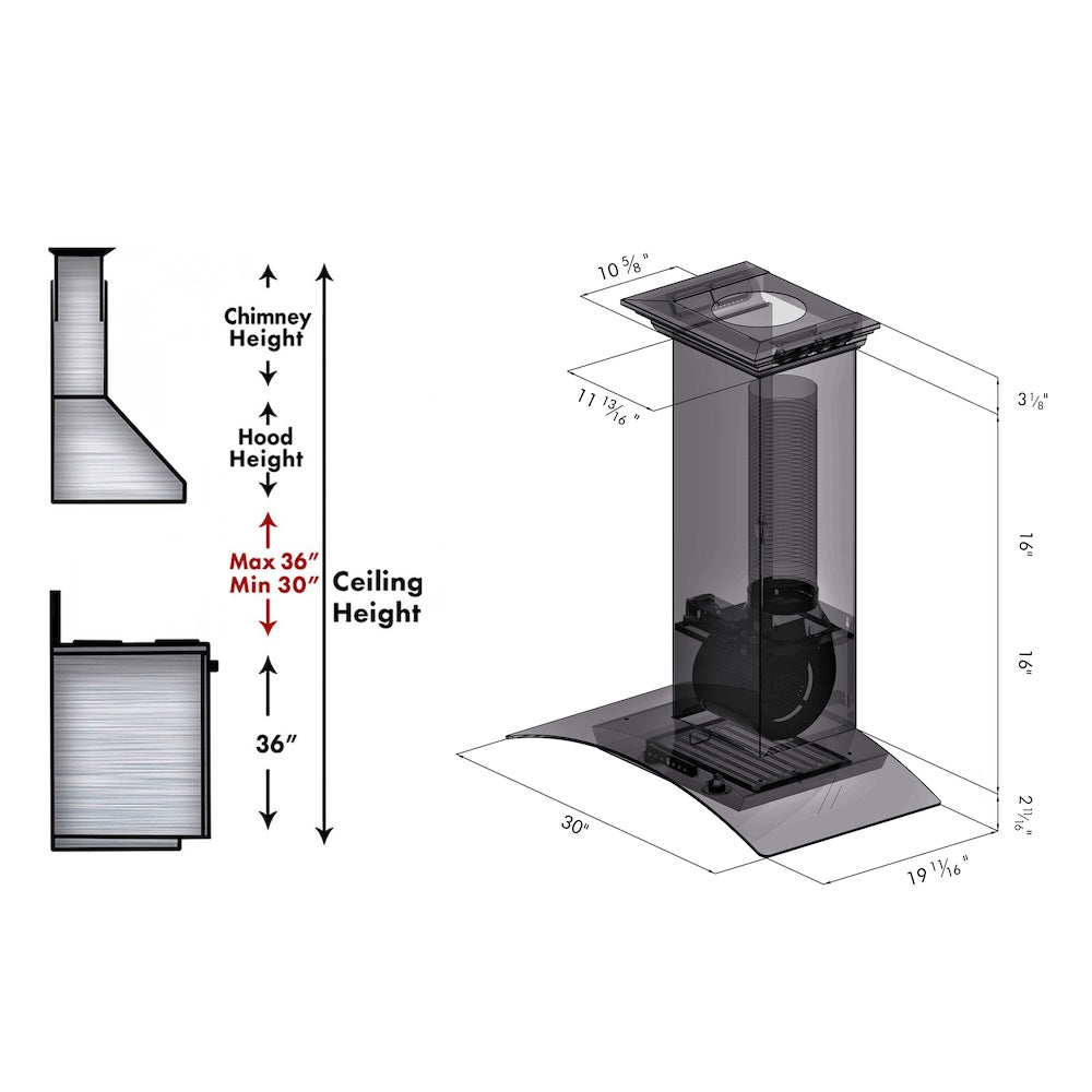30" Convertible Vent Wall Mount Range Hood with Crown Molding KZCRN30
