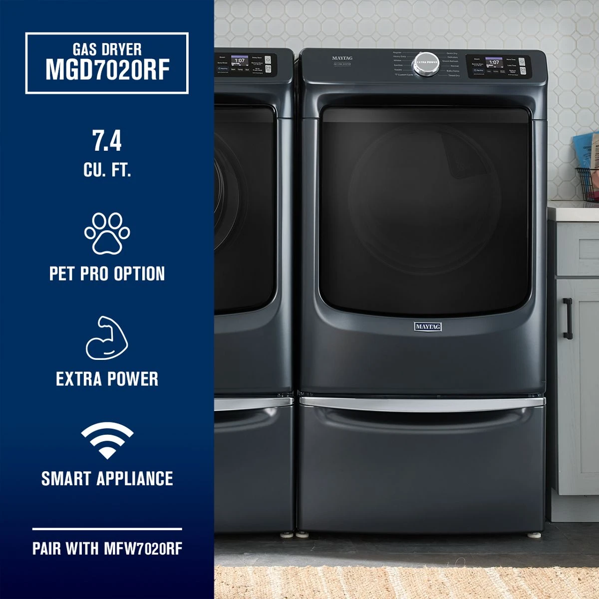 27 Inch Smart Pet Pro Front Load Gas Dryer with 7.4 cu. ft. Capacity, Steam Cycle, Quick Dry, Remote Start, Drum Light, and Advanced Moisture Sensing MGD7020RF