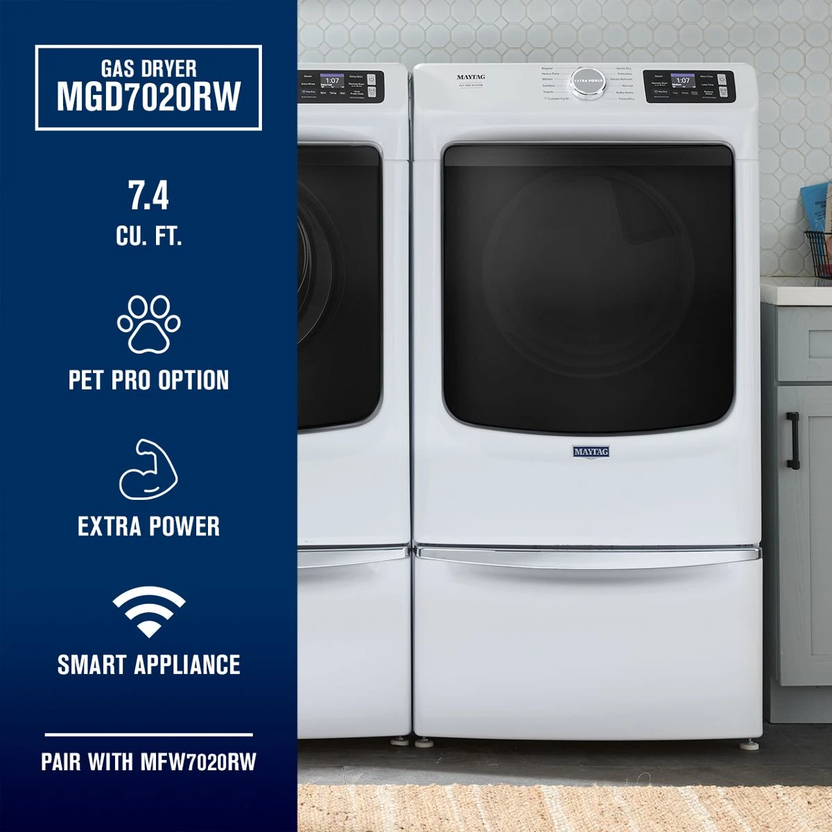 27 Inch Smart Pet Pro Front Load Gas Dryer with 7.4 cu. ft. Capacity, Steam Cycle, Quick Dry, Remote Start, Drum Light, and Advanced Moisture Sensing and Energy Star Certified MGD7020RW