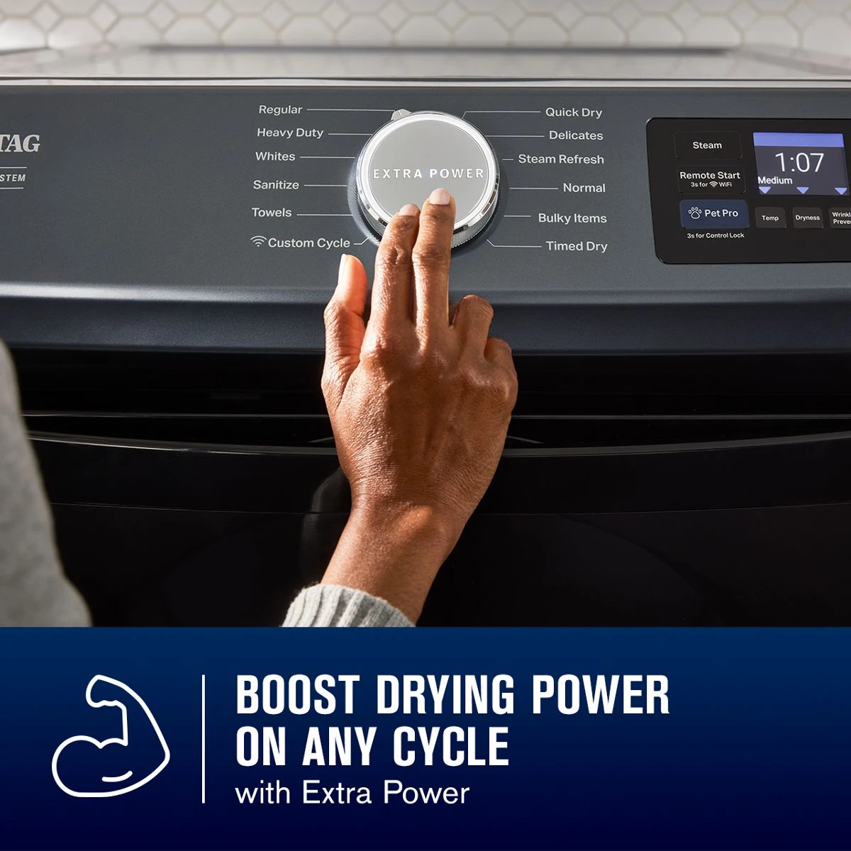 27 Inch Smart Pet Pro Front Load Gas Dryer with 7.4 cu. ft. Capacity, Steam Cycle, Quick Dry, Remote Start, Drum Light, and Advanced Moisture Sensing and Energy Star Certified MGD7020RW