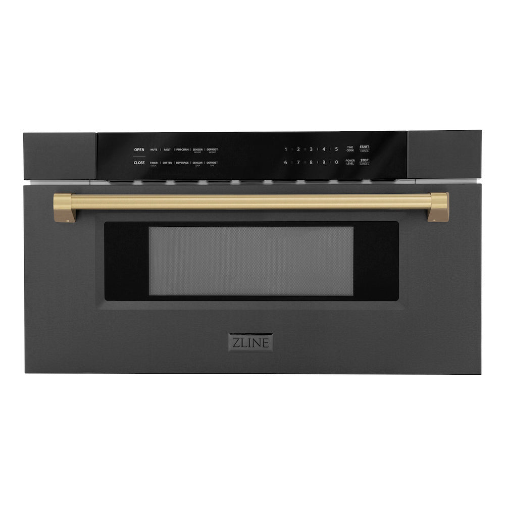 Autograph Edition 30 In. 1.2 Cu. Ft. Built-in Microwave Drawer In Black Stainless Steel And Champagne Bronze Accents MWDZ30BSCB