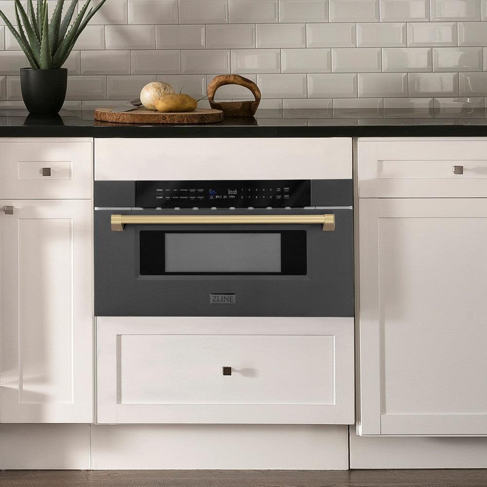 Autograph Edition 30 In. 1.2 Cu. Ft. Built-in Microwave Drawer In Black Stainless Steel And Champagne Bronze Accents MWDZ30BSCB