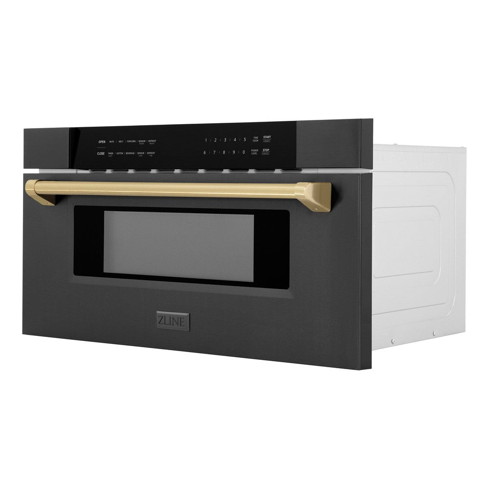 Autograph Edition 30 In. 1.2 Cu. Ft. Built-in Microwave Drawer In Black Stainless Steel And Champagne Bronze Accents MWDZ30BSCB