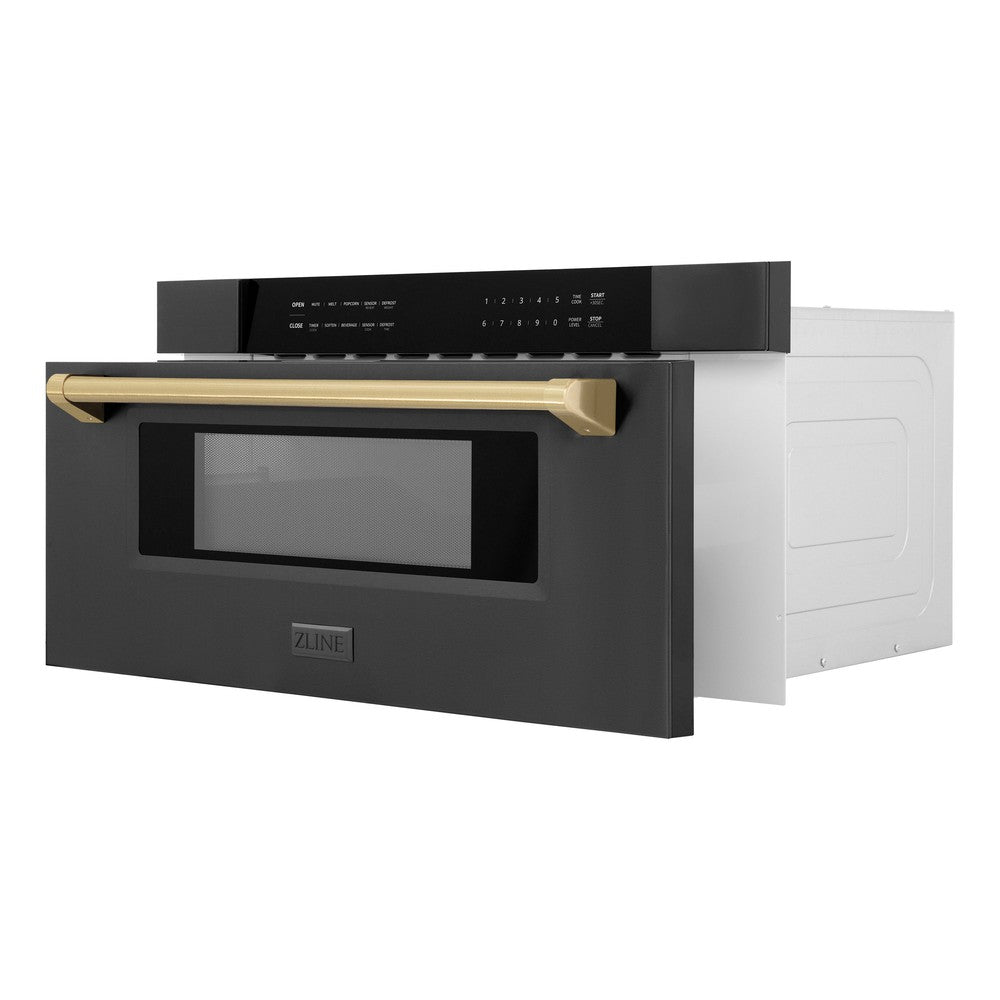 Autograph Edition 30 In. 1.2 Cu. Ft. Built-in Microwave Drawer In Black Stainless Steel And Champagne Bronze Accents MWDZ30BSCB
