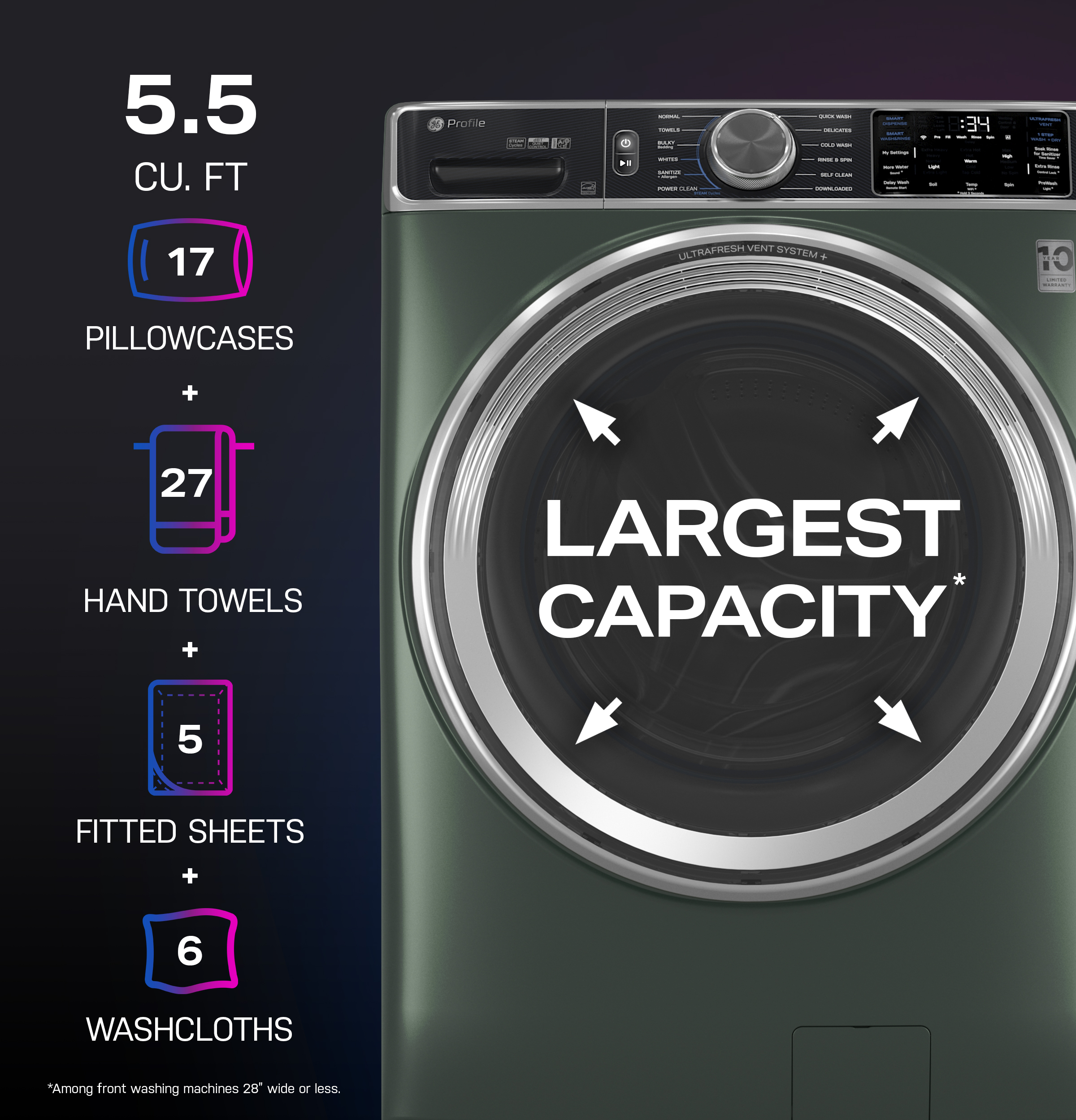 5.5 cu. ft. Capacity Smart Front Load Steam Washer with UltraFresh Vent System+ and Smart Wash & Smart Rinse PFW955SPWGN