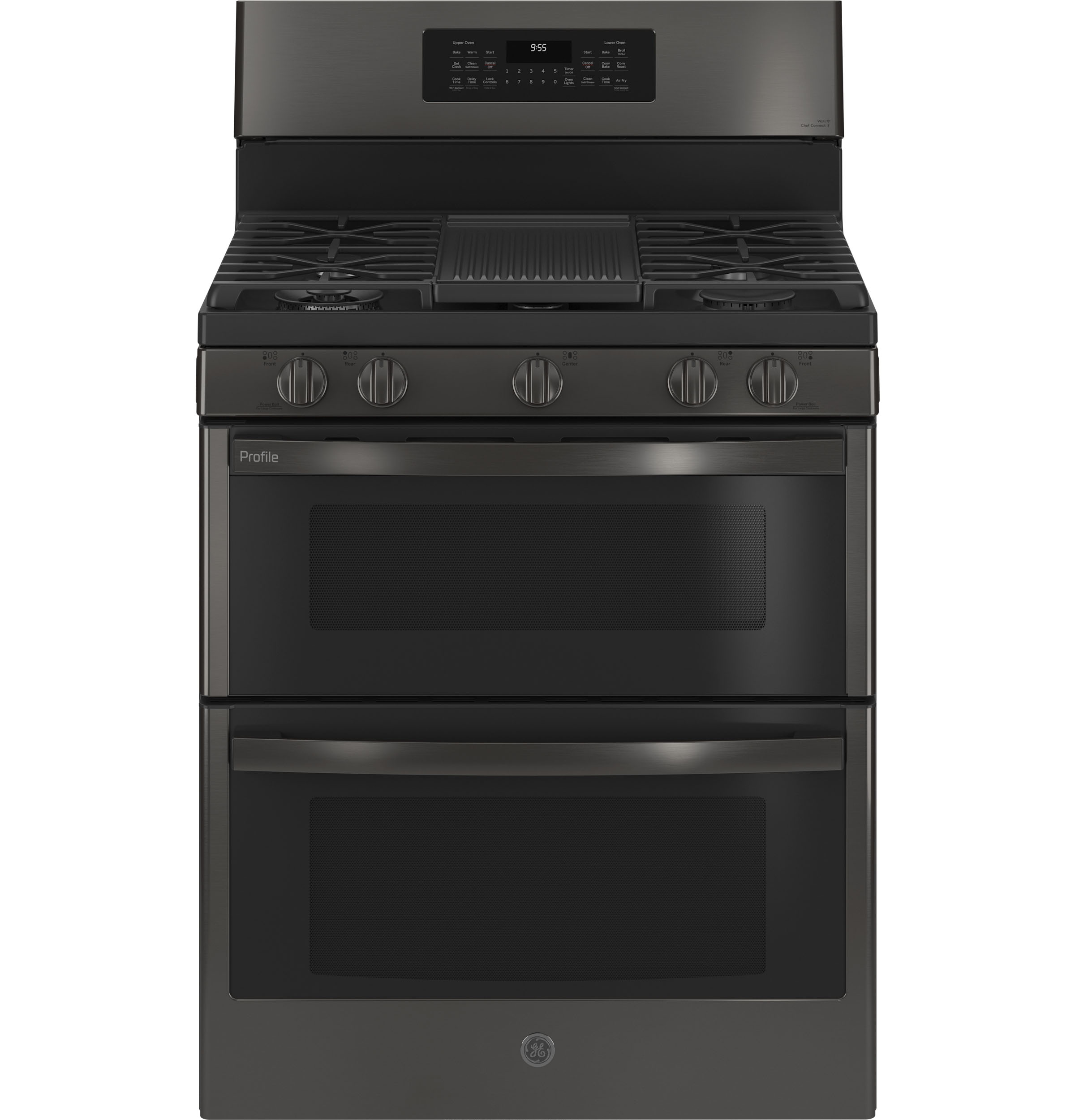 GE Profile 30" Free-Standing Gas Double Oven Convection Range with No Preheat Air Fry Black Stainless PGB965BPTS Picture 1