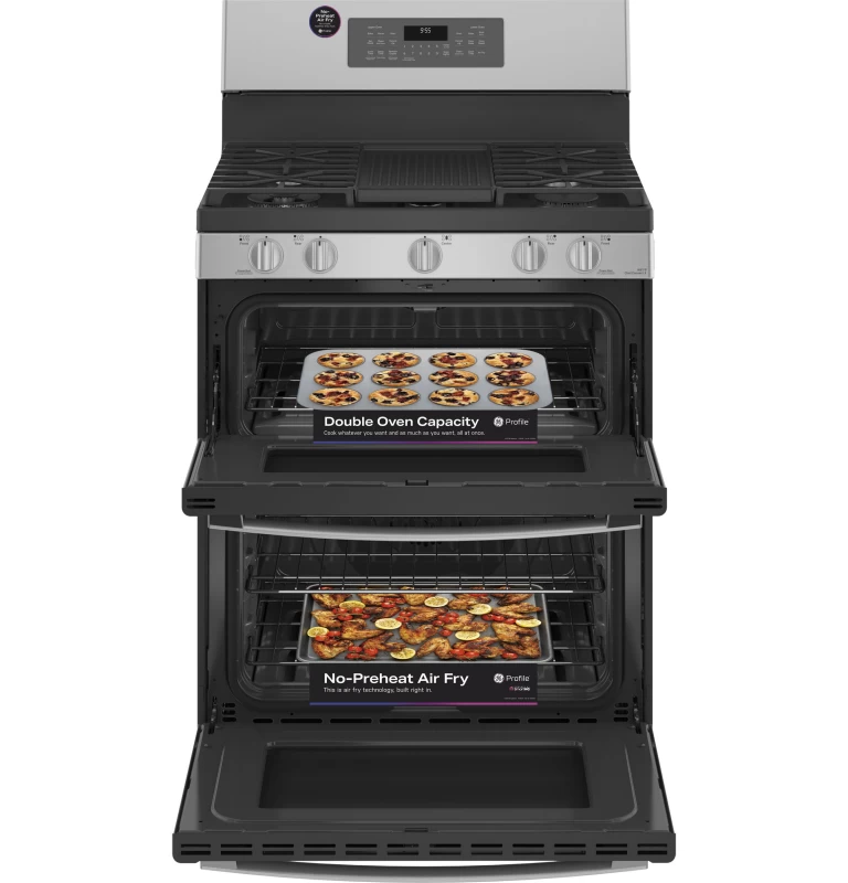 30" Free-Standing Gas Double Oven Convection Fingerprint Resistant Range with No Preheat Air Fry PGB965YPFS