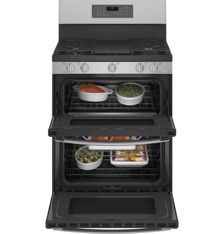 30" Free-Standing Gas Double Oven Convection Fingerprint Resistant Range with No Preheat Air Fry PGB965YPFS