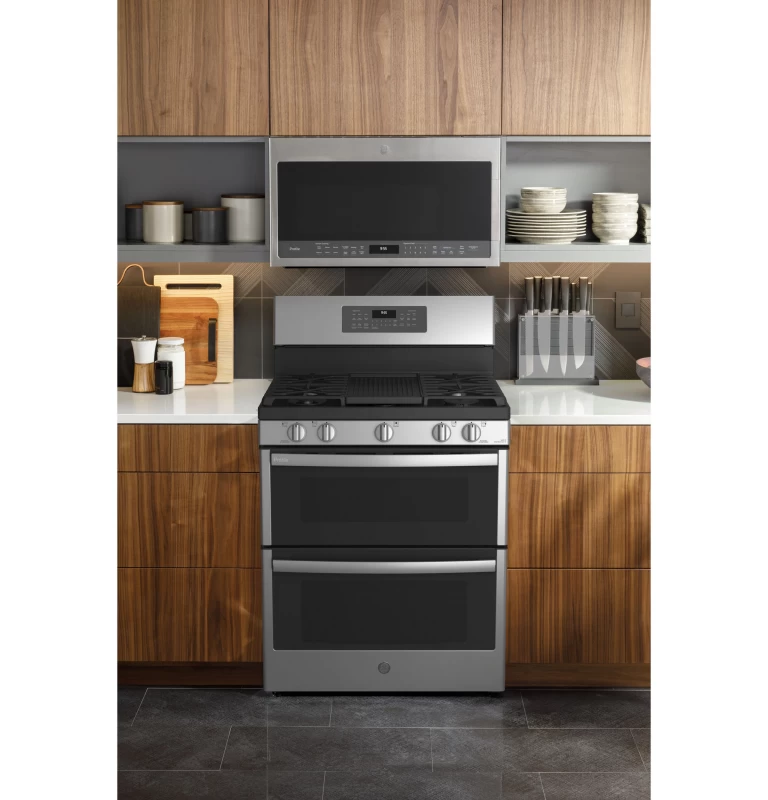 30" Free-Standing Gas Double Oven Convection Fingerprint Resistant Range with No Preheat Air Fry PGB965YPFS