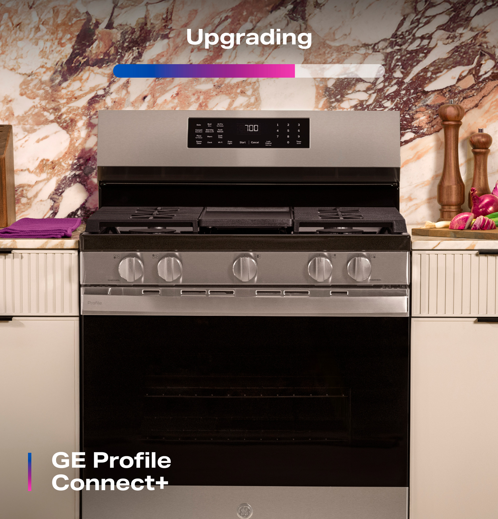 30” Smart Free-Standing Gas Convection Range with No Preheat Air Fry and EasyWash Oven Tray PGF700AYFS