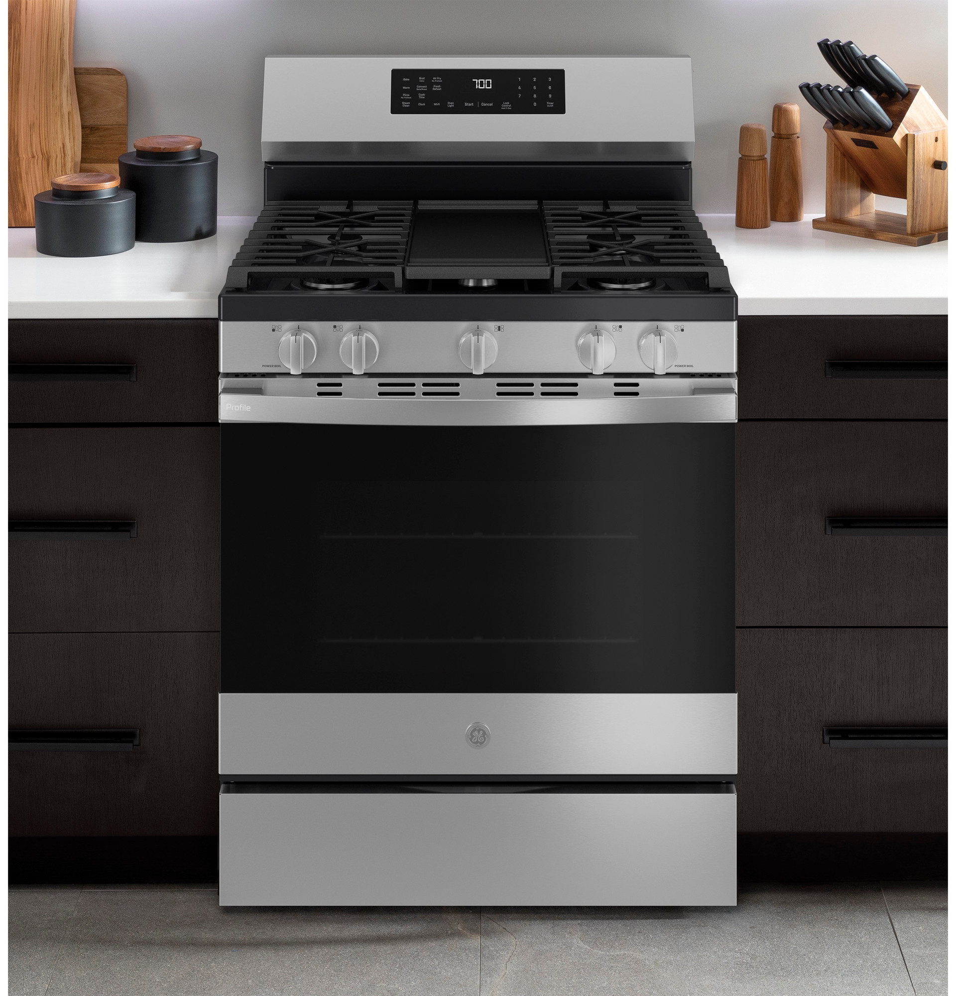 30” Smart Free-Standing Gas Convection Range with No Preheat Air Fry and EasyWash Oven Tray PGF700AYFS