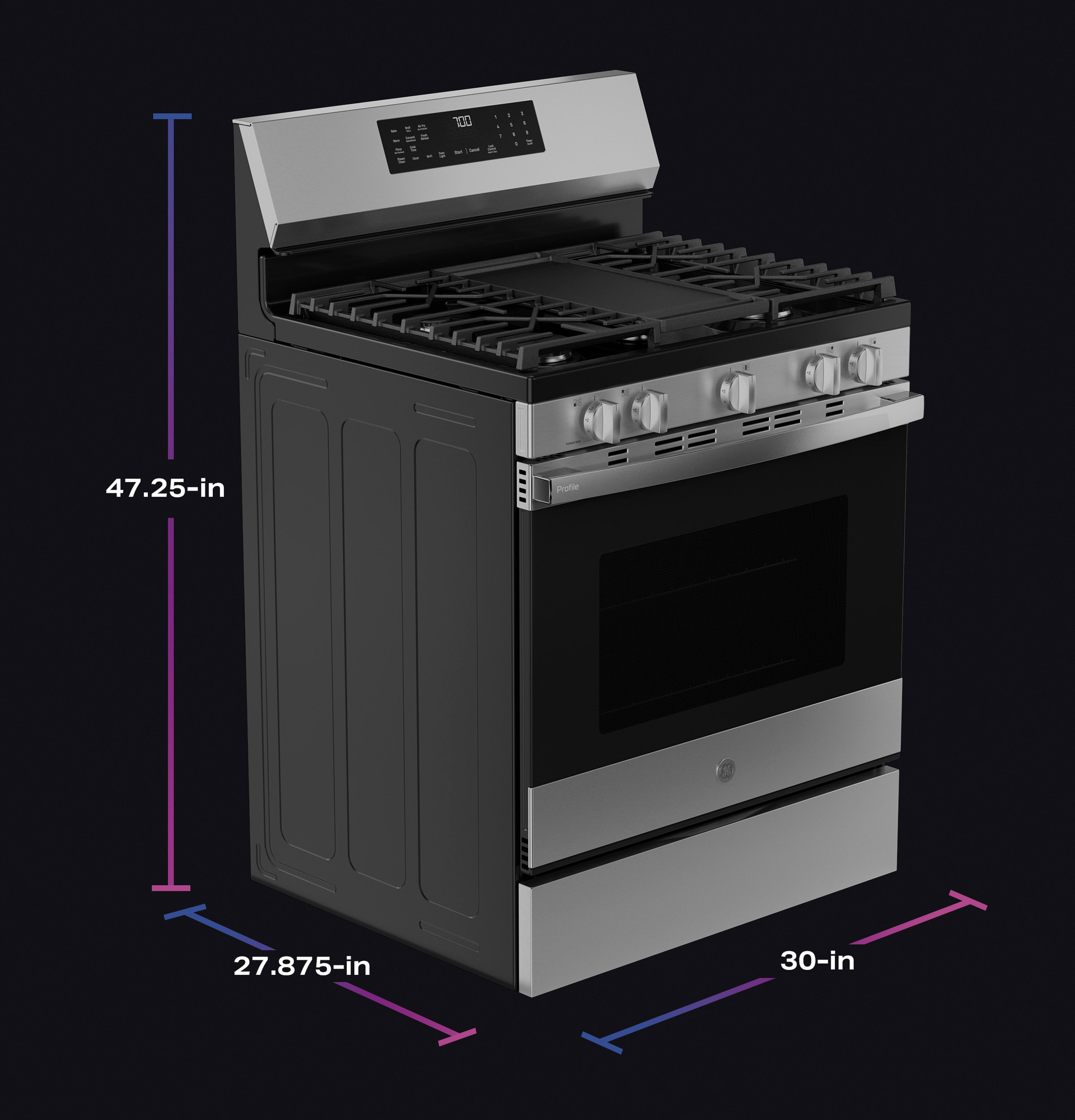 30” Smart Free-Standing Gas Convection Range with No Preheat Air Fry and EasyWash Oven Tray PGF700AYFS