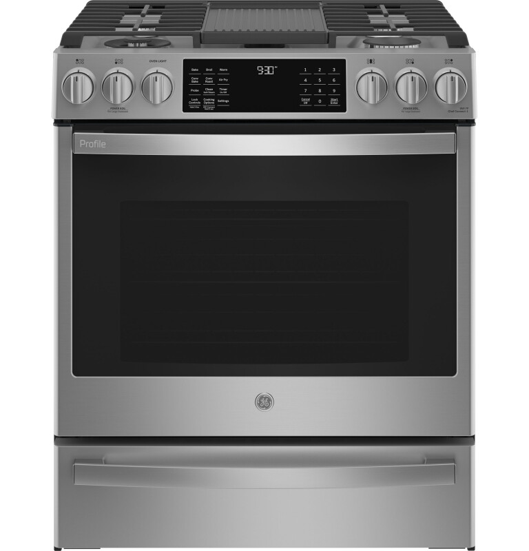 GE Profile 30" Smart Slide-In Front-Control Gas Fingerprint Resistant Range with No Preheat Air Fry Stainless Steel PGS930YPFS Picture 1