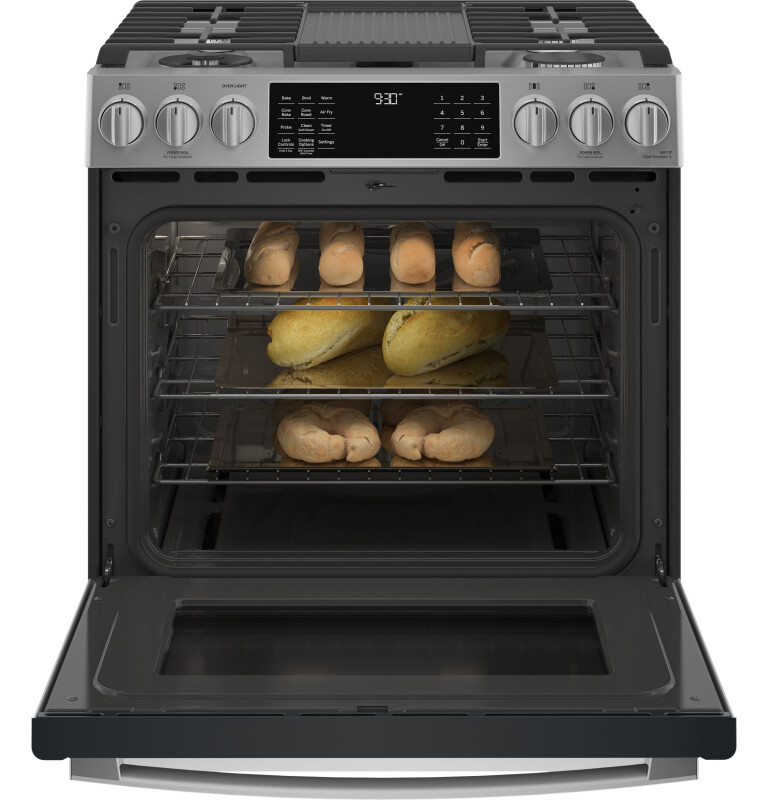 30" Smart Slide-In Front-Control Gas Fingerprint Resistant Range with No Preheat Air Fry PGS930YPFS