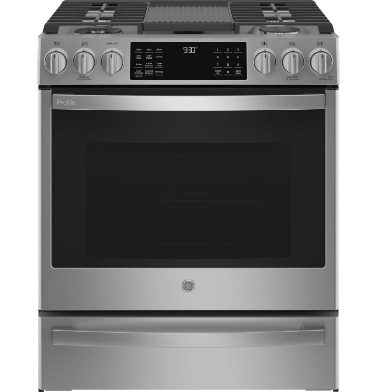 GE Profile 30" Smart Slide-In Front-Control Gas Fingerprint Resistant Range with No Preheat Air Fry Stainless Steel PGS930YPFS Picture 1