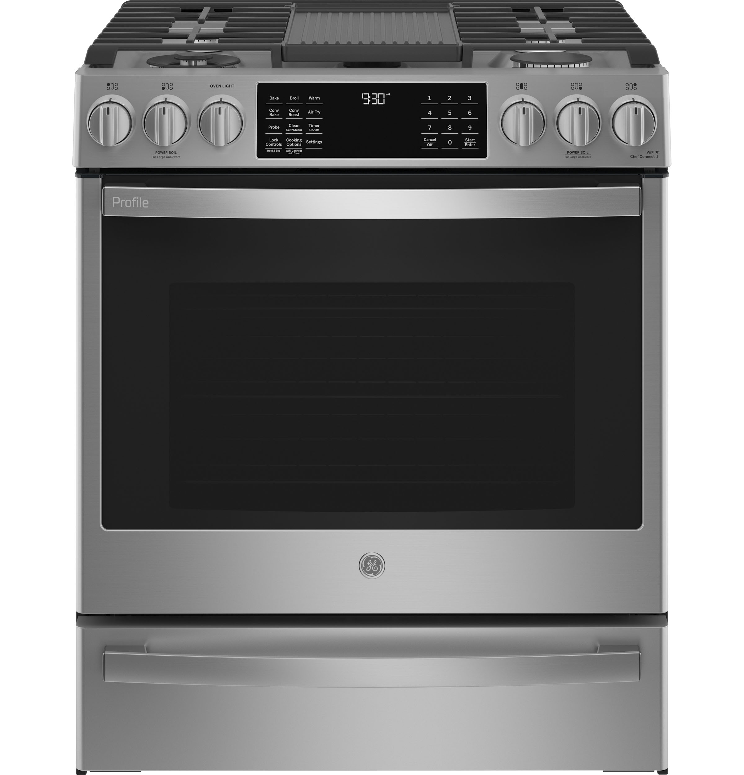 GE Profile 30" Smart Slide-In Front-Control Gas Fingerprint Resistant Range with No Preheat Air Fry Fingerprint Resistant Stainless PGS930YPFS Picture 1