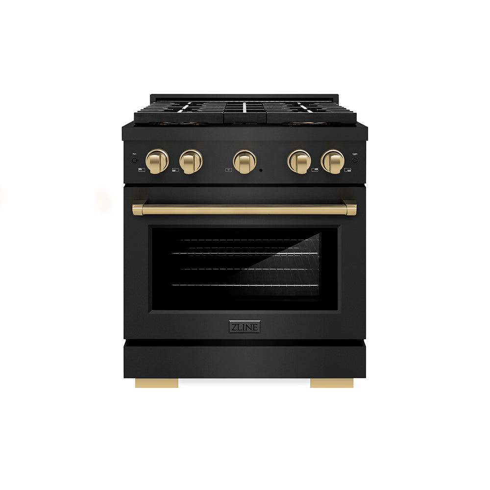 ZLINE Autograph Edition 30 in. 4.2 cu. ft. Paramount Gas Range with 4 Burner DuoPro™ Cooktop and Convection Gas Oven in Black Stainless Steel and Champagne Bronze Accents (PSGRBZ-30-CB) PSGRB