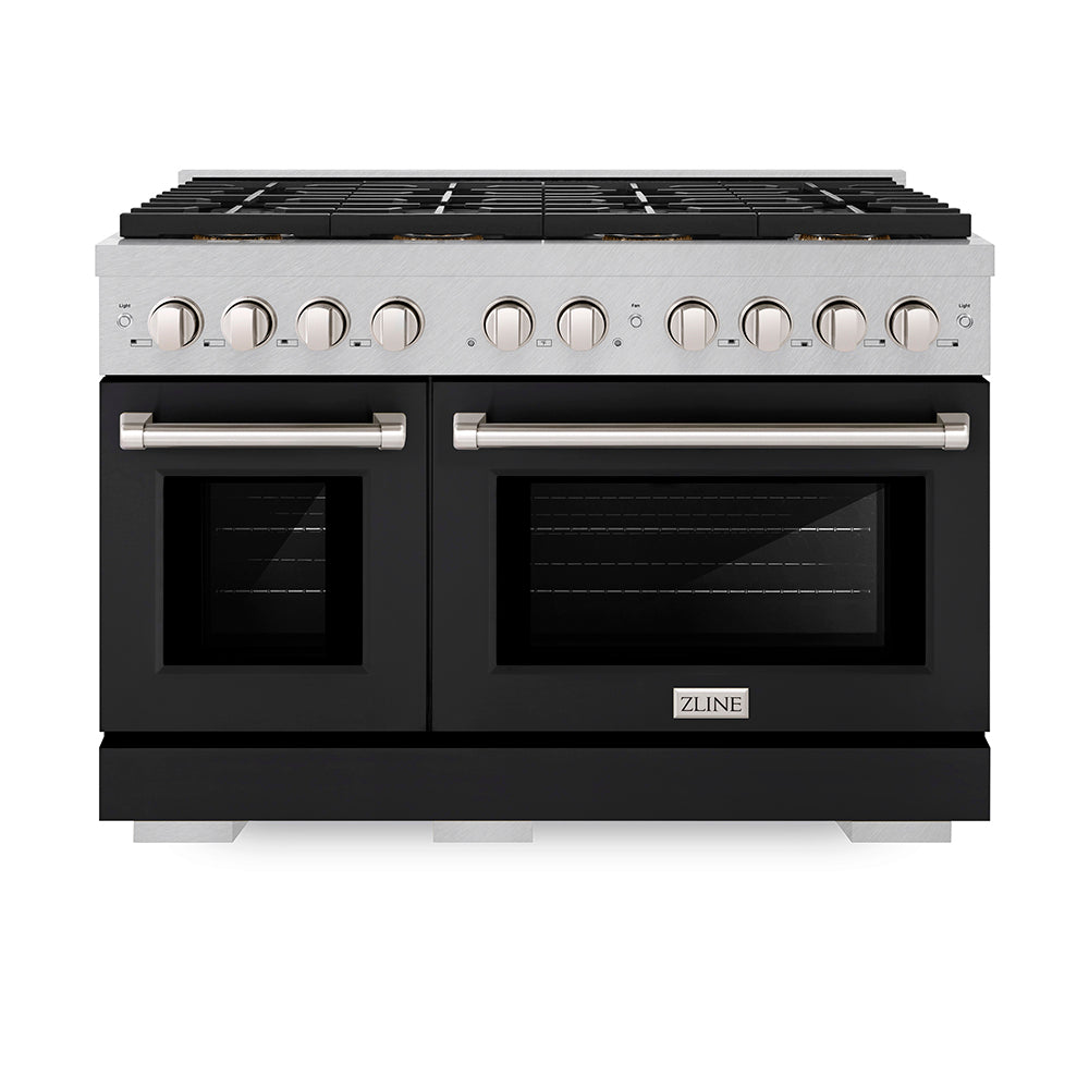 ZLINE 48 in. 6.7 cu. ft. Paramount Gas Range with 8 Burner DuoPro™ Cooktop and Dual Ovens in Satin Stainless Steel with Black Matte Doors (PSGRS-BLM-48) PSGRSBLM48