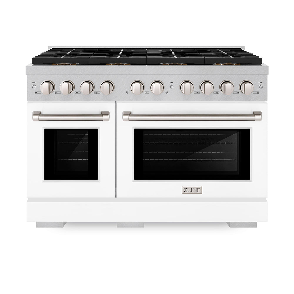 ZLINE 48 in. 6.7 cu. ft. Paramount Gas Range with 8 Burner DuoPro™ Cooktop and Dual Ovens in Satin Stainless Steel with White Matte Doors (PSGRS-WM-48) PSGRSWM48