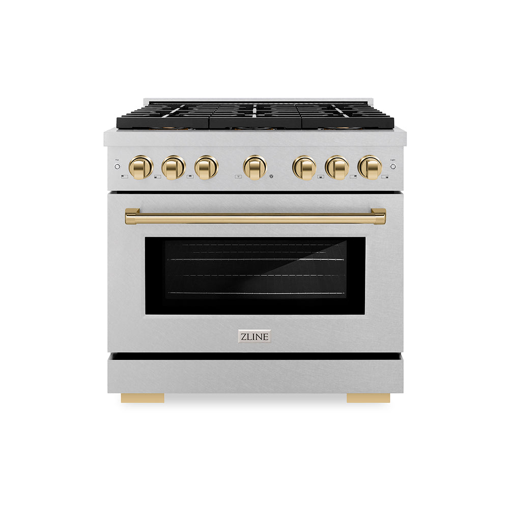 ZLINE Autograph Edition 36 in. 5.2 cu. ft. Paramount Gas Range with 6 Burner DuoPro™ Cooktop and Convection Gas Oven in Satin Stainless Steel and Polished Gold Accents (PSGRSZ-36-G) PSGRSZ36G