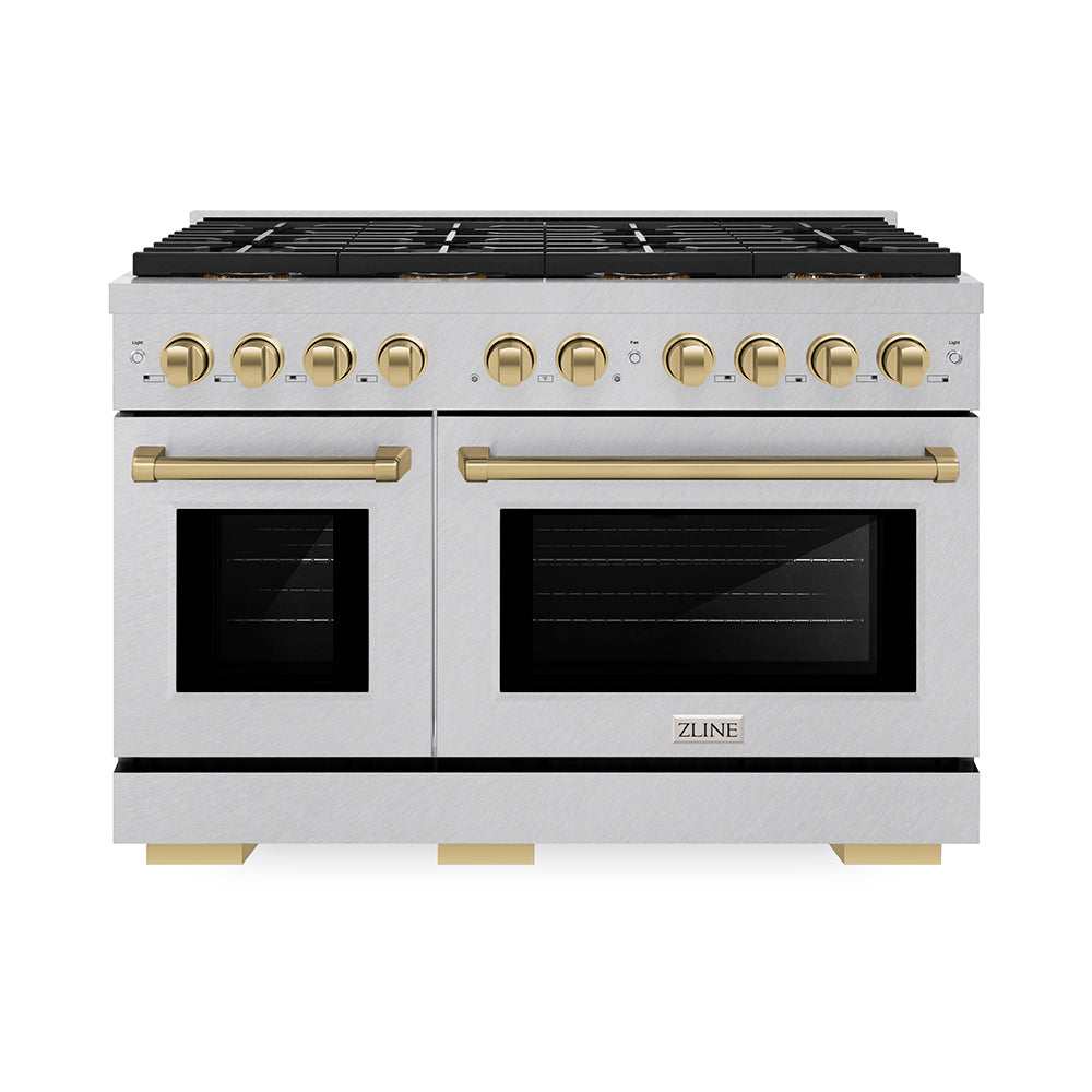 ZLINE Autograph Edition 48 in. 6.7 cu. ft. Paramount Gas Range with 8 Burner DuoPro™ Cooktop and Dual Ovens in Satin Stainless Steel and Champagne Bronze Accents (PSGRSZ-48-CB) PSGRSZ48CB