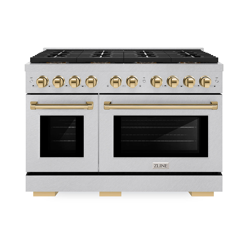 ZLINE Autograph Edition 48 in. 6.7 cu. ft. Paramount Gas Range with 8 Burner DuoPro™ Cooktop and Dual Ovens in Satin Stainless Steel and Polished Gold Accents (PSGRSZ-48-G) PSGRSZ48G