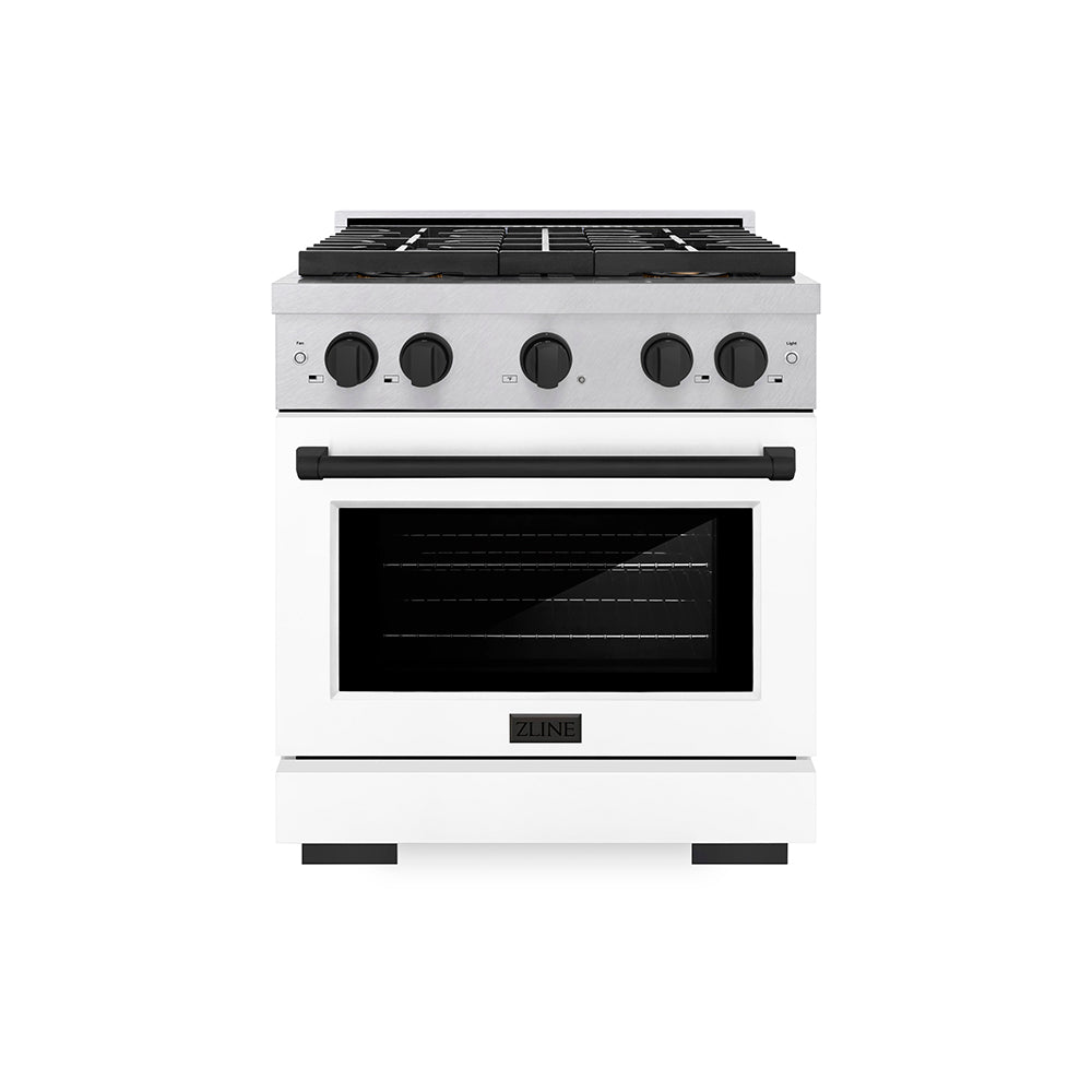 ZLINE Autograph Edition 30 in. 4.2 cu. ft. Paramount Gas Range with 4 Burner DuoPro™ Cooktop and Convection Gas Oven in Satin Stainless Steel with White Matte Door and Matte Black Accents (PS