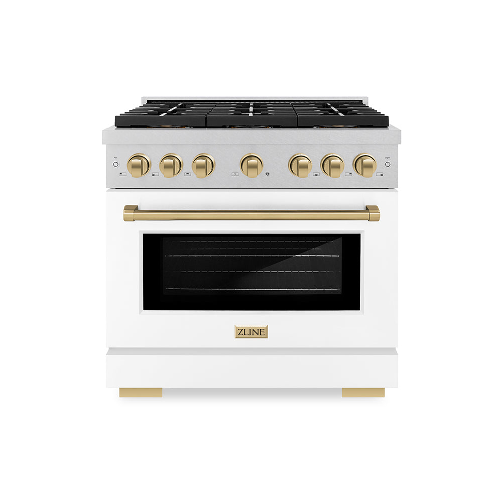 ZLINE Autograph Edition 36 in. 5.2 cu. ft. Paramount Gas Range with 6 Burner DuoPro™ Cooktop and Convection Gas Oven in Satin Stainless Steel with White Matte Door and Champagne Bronze Accent