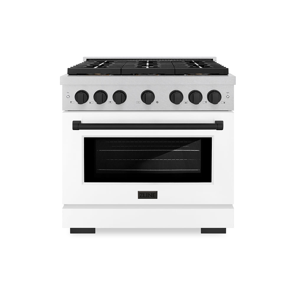 ZLINE Autograph Edition 36 in. 5.2 cu. ft. Paramount Gas Range with 6 Burner DuoPro™ Cooktop and Convection Gas Oven in Satin Stainless Steel with White Matte Door and Matte Black Accents (PS