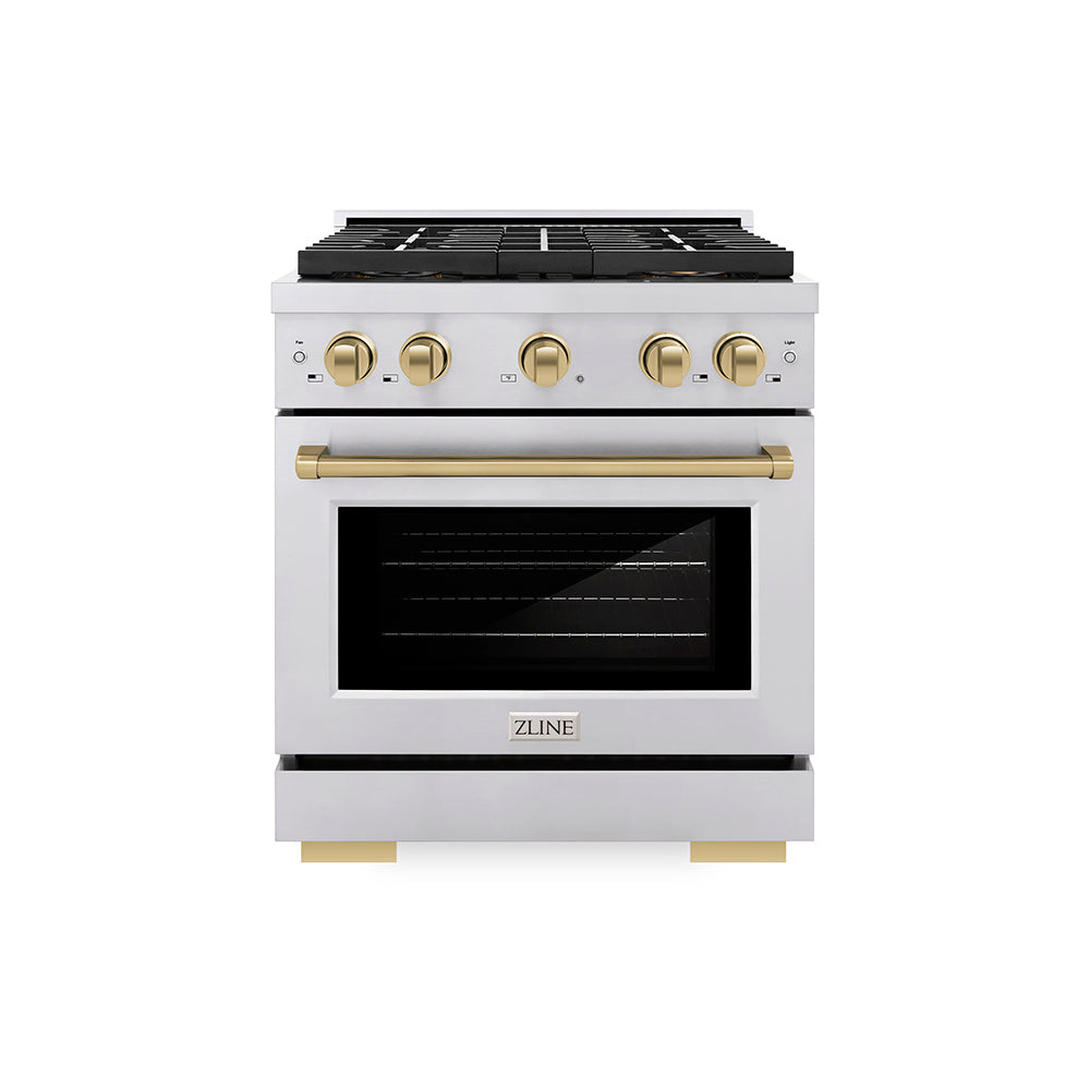 ZLINE Autograph Edition 30 in. 4.2 cu. ft. Paramount Gas Range with 4 Burner DuoPro™ Cooktop and Convection Gas Oven in Stainless Steel with Champagne Bronze Accents (PSGRZ-30-CB) PSGRZ30CB