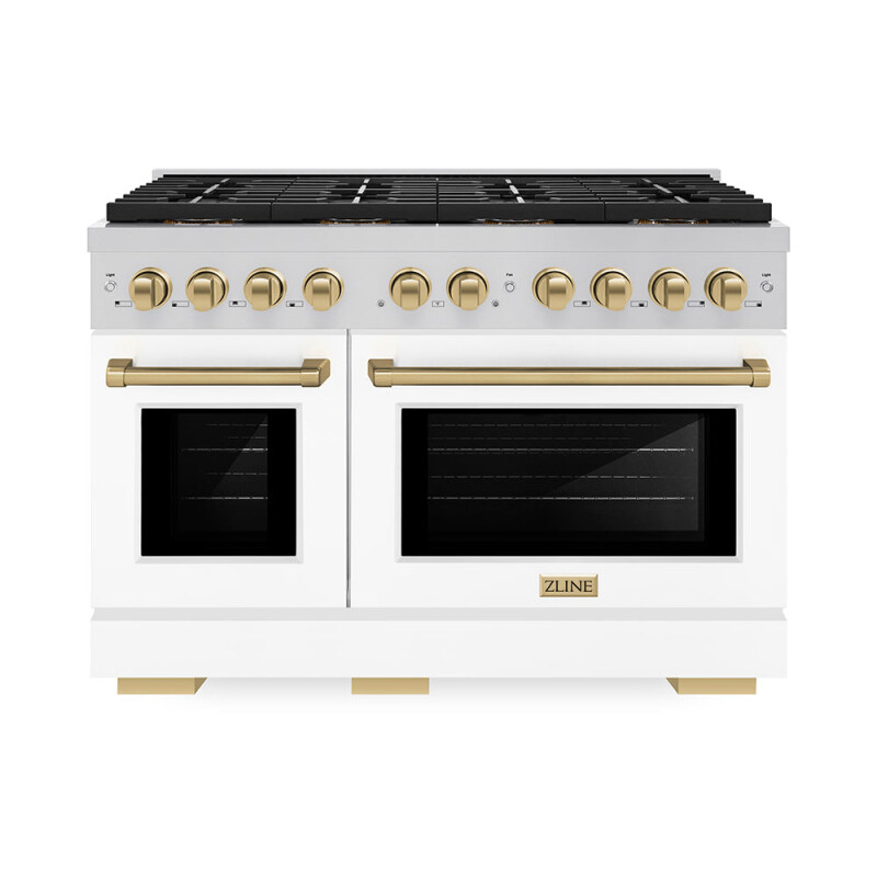 Autograph Edition 48 in. 6.7 cu. ft. Paramount Gas Range with 8 Burner DuoPro™ Cooktop and Dual Ovens with White Matte Doors and Champagne Bronze Accents PSGRZWM48CB