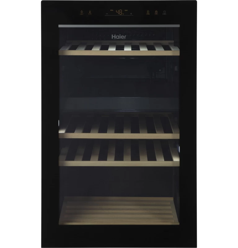 Haier 20 inch Freestanding Wine Cooler with 44 Bottle Capacity, Right Hinge, Glass Door, 4 Adjustable Wine Racks, Dual Zone, Digital Control, LED Light, Compressor Cooling Black QWR04DGRGB Picture 1