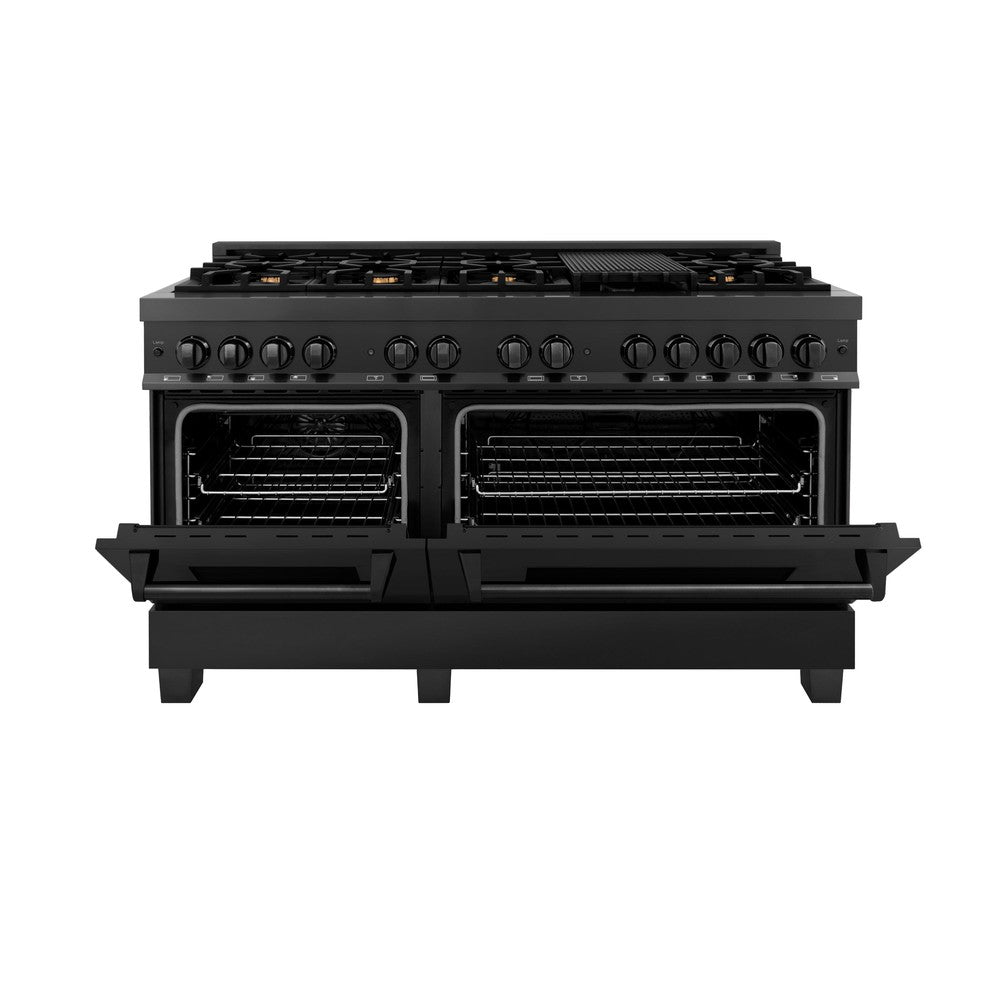 60 In. 7.4 Cu. Ft. Legacy Dual Fuel Range With 9 Burner Gas Cooktop And 2 Electric Convection Ovens In Black Stainless Steel RAB60