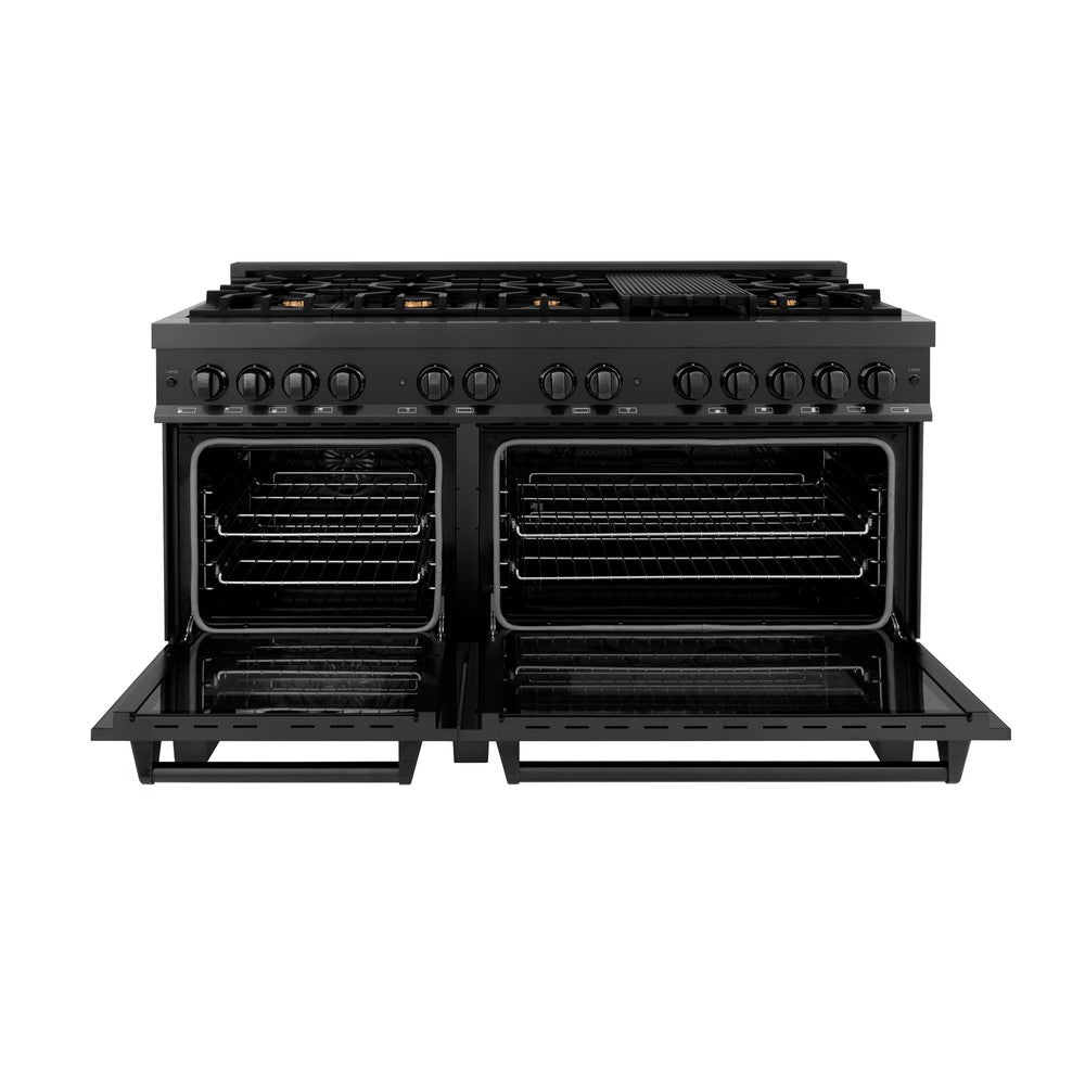 60 In. 7.4 Cu. Ft. Legacy Dual Fuel Range With 9 Burner Gas Cooktop And 2 Electric Convection Ovens In Black Stainless Steel RAB60